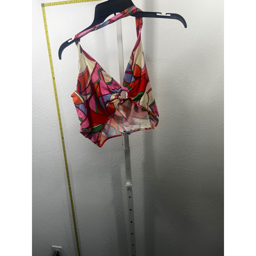 Love J Abstract Psychedelic Print Halter Crop Top Pink Orange O-Ring Large